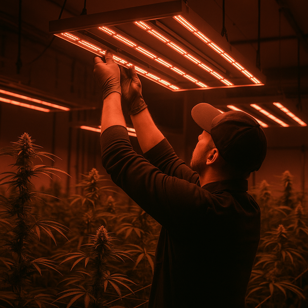 Scène d'application professionnelle en culture indoor de chanvre CBD