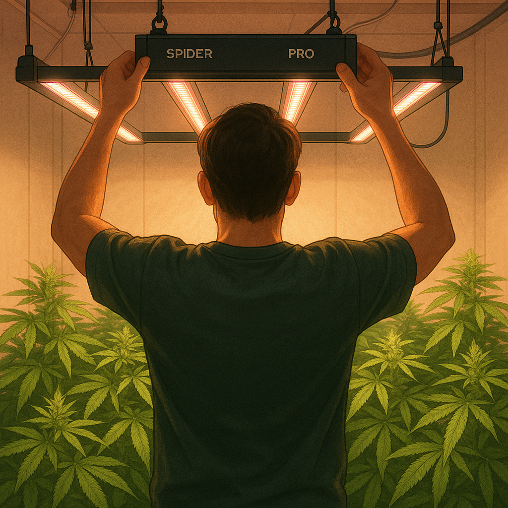 Cultivateur indoor ajustant soigneusement éclairage LED pour chanvre CBD