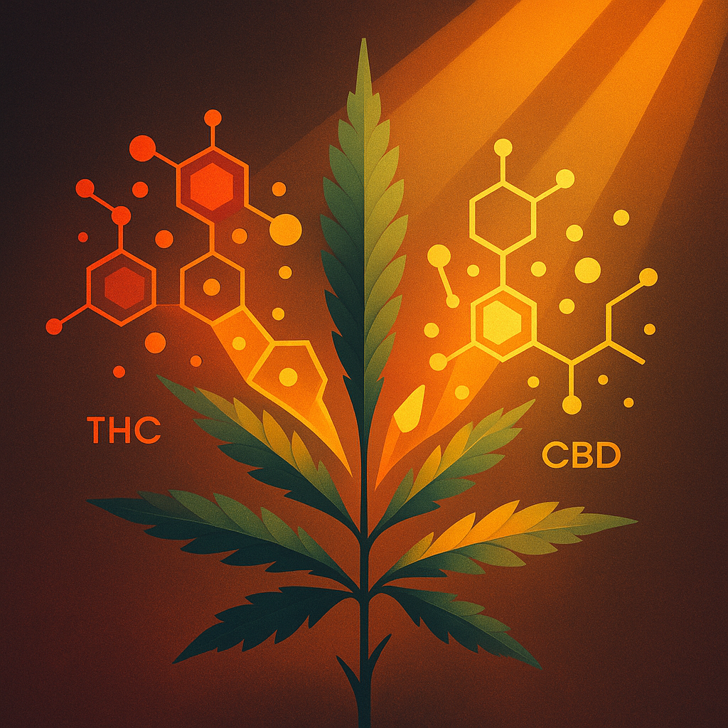 Représentation symbolique de la biosynthèse des cannabinoïdes sous lumière LED ajustée