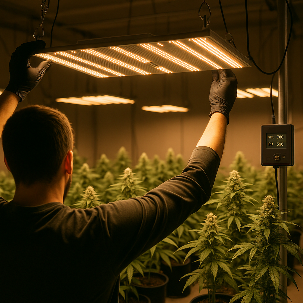 Scène émotionnelle d'un cultivateur ajustant la lumière LED en indoor