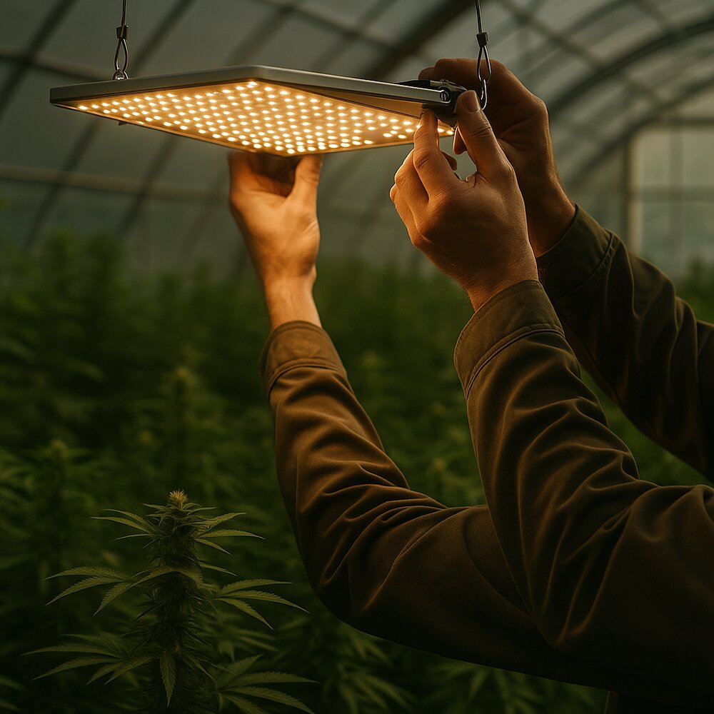Cultivateur ajustant l'intensité lumineuse en serre indoor