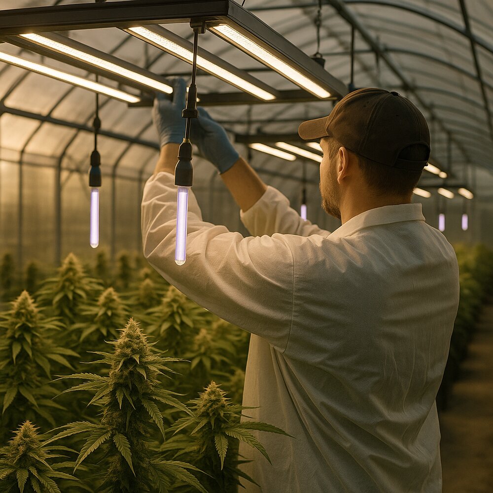Scène émotionnelle de cultivateur professionnel ajustant un éclairage UV-B LED en serre