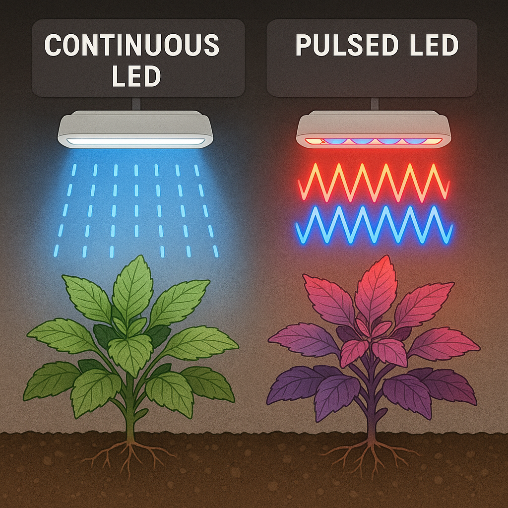Comparaison visuelle de l'éclairage LED continu et pulsé en culture indoor