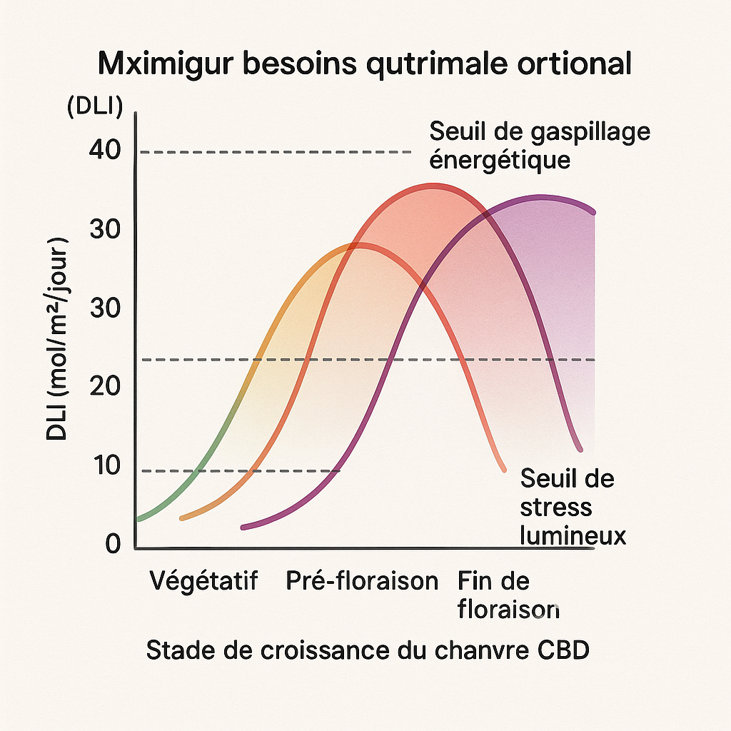 Graphique des besoins en DLI selon les stades de croissance du chanvre CBD
