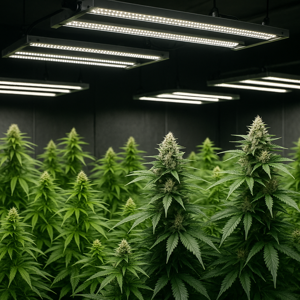 Scène illustrant une culture indoor de chanvre CBD avec éclairage LED optimisé
