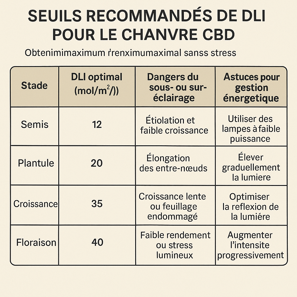 Tableau des seuils DLI et recommandations pour la culture de CBD indoor avancée