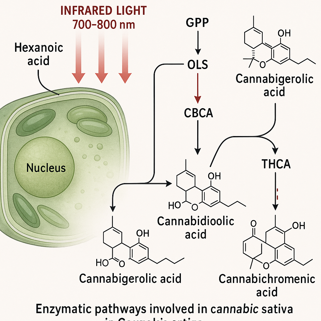 Schéma de l'impact de l'infrarouge sur l'activité enzymatique liée à la synthèse des cannabinoïdes
